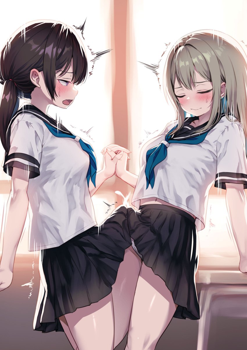 2futas absurdres arm_support ayanakitori black_hair black_skirt blonde_hair blue_neckerchief blush breasts clothed clothing compare_cocks cum_through_clothes duo ejaculation_under_clothes erection_under_clothes frottage futa_on_futa futa_only futa_with_futa futanari grey_hair highres holding_hands human interlocked_fingers light-skinned_futanari light_skin long_hair medium_hair mostly_clothed multiple_girls neckerchief original penis penises_touching school_uniform serafuku shirt short_sleeves skirt standing sweat tenting textless_version twintails white_shirt