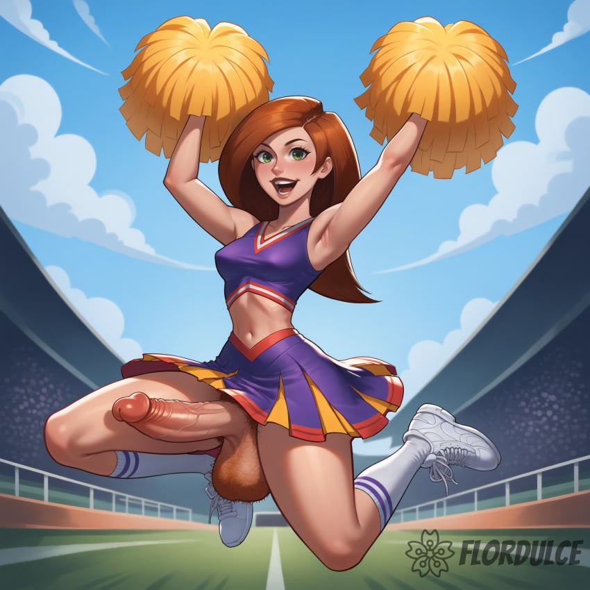 1futa ai_generated armpits ball_hair balls cheerleader cheerleader_uniform erect_penis erection flordulce futa_only futa_sans_pussy futanari green_eyes hairy_testicles happy huge_cock jumping kim_possible kimberly_ann_possible long_hair middleton_high_school_cheerleader_uniform open_mouth orange_hair outdoors penis pom_poms pubic_hair shoes socks solo_futa testicles