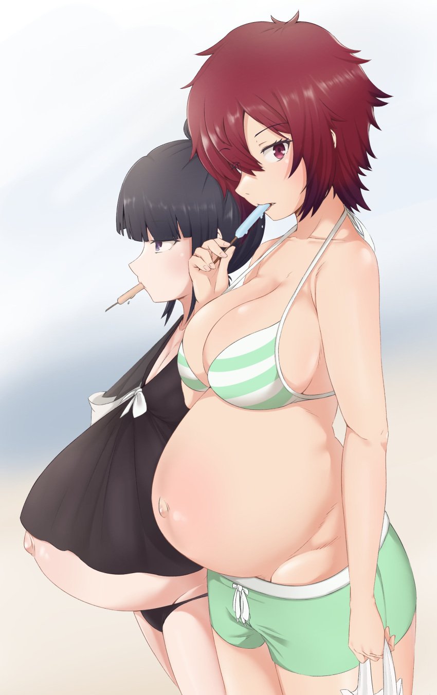 2girls aizawa_tomo big_breasts bikini bikini_top black_hair black_panties black_swimsuit blunt_bangs clothed clothed_female flat_chest hip_bones hip_dips hip_vent ice_cream large_breasts linea_nigra long_hair milkfrommilking misuzu_gundou multiple_girls multiple_pregnancies pregnant pregnant_belly pussy_peek ready_to_pop red_hair ribbon short_hair small_breasts string_bikini swimming_trunks swimsuit teenager tiny_breasts tomboy tomo-chan_wa_onna_no_ko