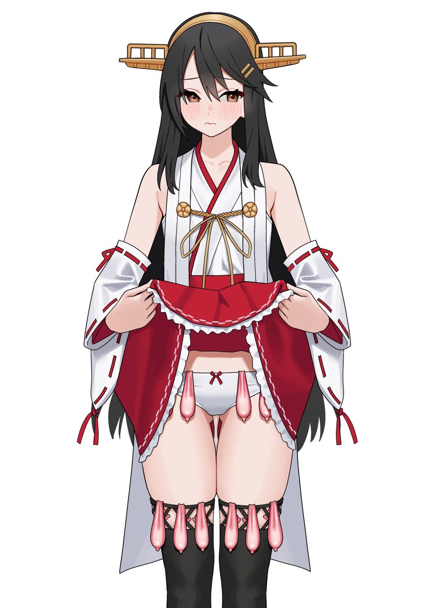 absurdres bare_shoulders black_hair blush bow bow_panties brown_eyes closed_mouth clothes_lift condom cowboy_shot detached_sleeves female female_only fffukuzawa hair_ornament hairband hairclip hakama hakama_skirt haruna_(kantai_collection) headgear highres japanese_clothes kantai_collection lifting_own_clothes long_hair looking_at_viewer multiple_condoms nontraditional_miko panties red_skirt ribbon-trimmed_sleeves ribbon_trim simple_background skirt skirt_lift solo solo_female standing too_many_condoms underwear used_condom white_background white_panties_aside