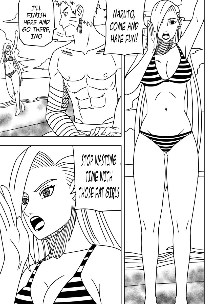 1boy 1girls abs bandaged_arm bandages barefoot beach bikini bikini_bottom bikini_top breasts calling calling_out_name cleavage comic dialogue english_text female full_body hair_over_one_eye ino_yamanaka invitation inviting lipstick long_hair makeup male male/female midriff naruto naruto:_the_last naruto_(series) ninrubio seaside short_hair story text toned translated uzumaki_naruto very_long_hair waving waving_hand