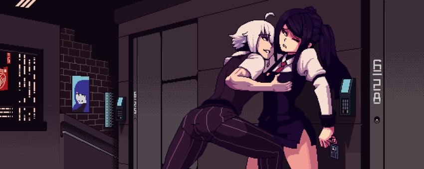 2girls against_wall ahoge animated assertive bangs black_hair boxman breast_grab clothed_sex crotch_rub cyberpunk dana_zane elevator femdom fit fit_female grabbing julianne_stingray kneeing long_hair multiple_girls muscle muscular muscular_female official_style one_eye_closed pants pencil_skirt pinstripe_pattern pixel_art short_hair skirt striped swept_bangs twintails uniform va-11_hall-a white_hair work_in_progress yuri