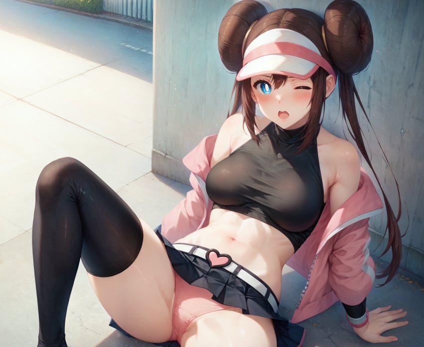 1girls ai_generated aimoonshine bangs bare_shoulders belt black_shirt black_skirt black_thighhighs blue_eyes blush breasts brown_hair crop_top double_bun female female_only hair_bun heart jacket knee_up large_breasts leaning_back long_hair long_sleeves looking_at_viewer midriff miniskirt navel nintendo off_shoulder one_eye_closed open_clothes open_jacket open_mouth outdoors panties pink_jacket pink_panties pleated_skirt pokemon pokemon_bw2 rosa_(pokemon) shirt sidelocks sitting skirt sleeveless sleeveless_shirt solo stomach streetwear taut_clothes taut_shirt thighhighs thighs twintails underwear visor_cap