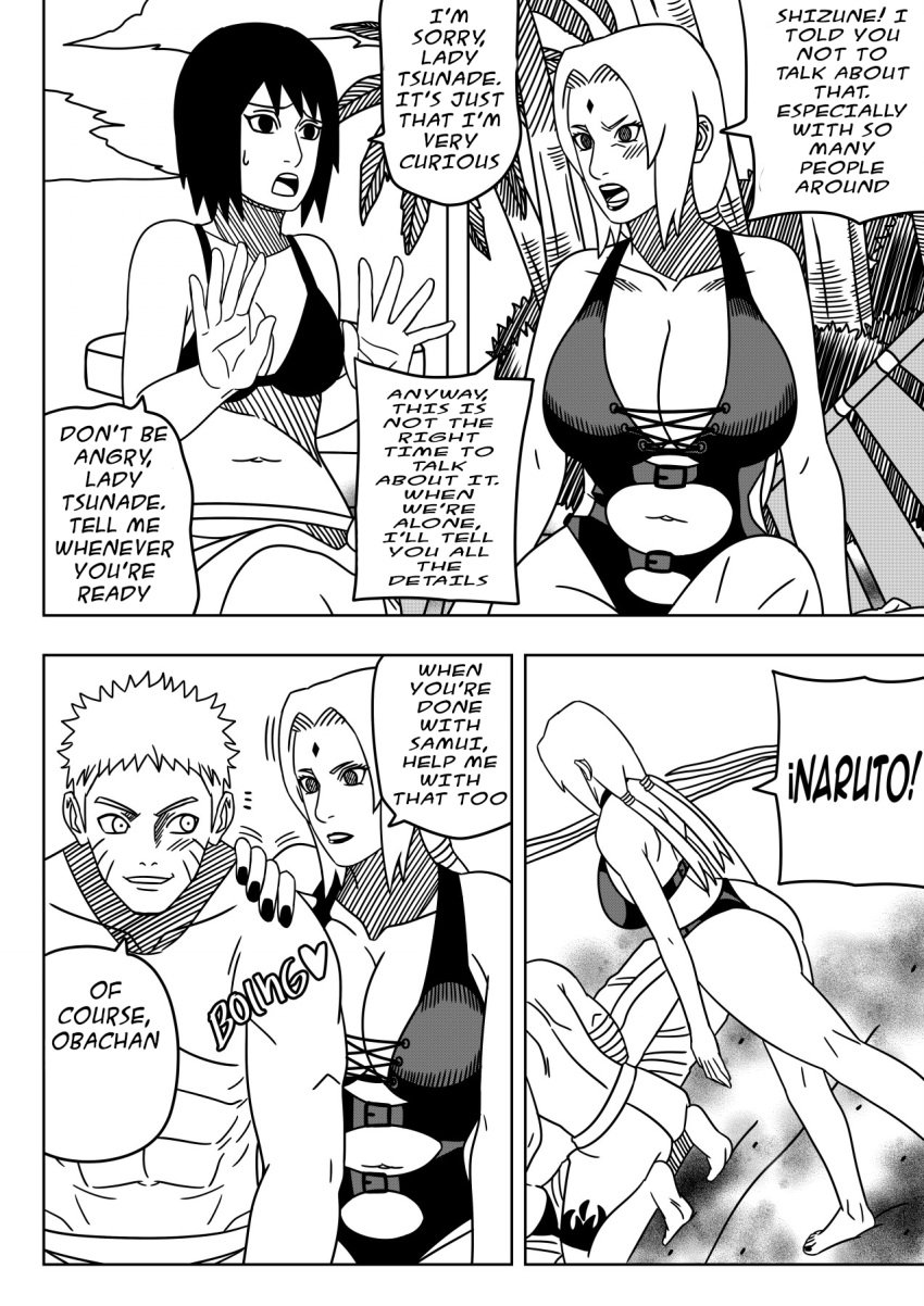 1boy 3girls annoyed ass barefoot beach big_ass big_breasts bikini breasts bust busty comic dialogue embarrassed english_text english_translation kneeling monochrome multiple_girls naruto naruto:_the_last naruto_(series) naruto_shippuden nervous ninrubio notes_translation one-piece_swimsuit oppai outdoors samui shizune speech_bubble standing story sunbathing swimsuit talking talking_to_another teacher_and_student text tied_hair translated tsunade twintails uzumaki_naruto voluptuous walking