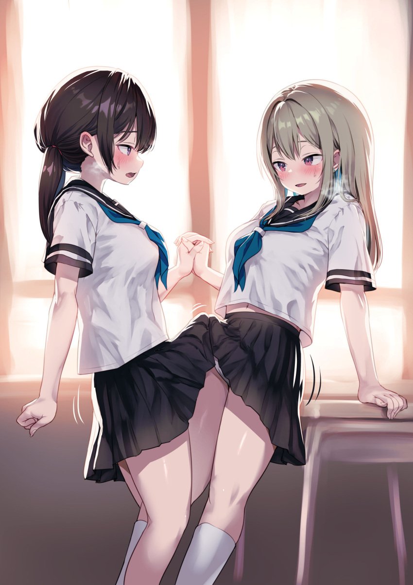 2futas absurdres arm_support ayanakitori black_hair black_skirt blonde_hair blue_neckerchief blush breasts clothed clothing dicks_touching duo erection_under_clothes frottage futa_on_futa futa_only futa_with_futa futanari grey_hair highres holding_hands human interlocked_fingers light-skinned_futanari light_skin long_hair medium_hair mostly_clothed multiple_girls neckerchief original penis penises_touching school_uniform serafuku shirt short_sleeves skirt standing sweat tenting textless_version twintails white_shirt