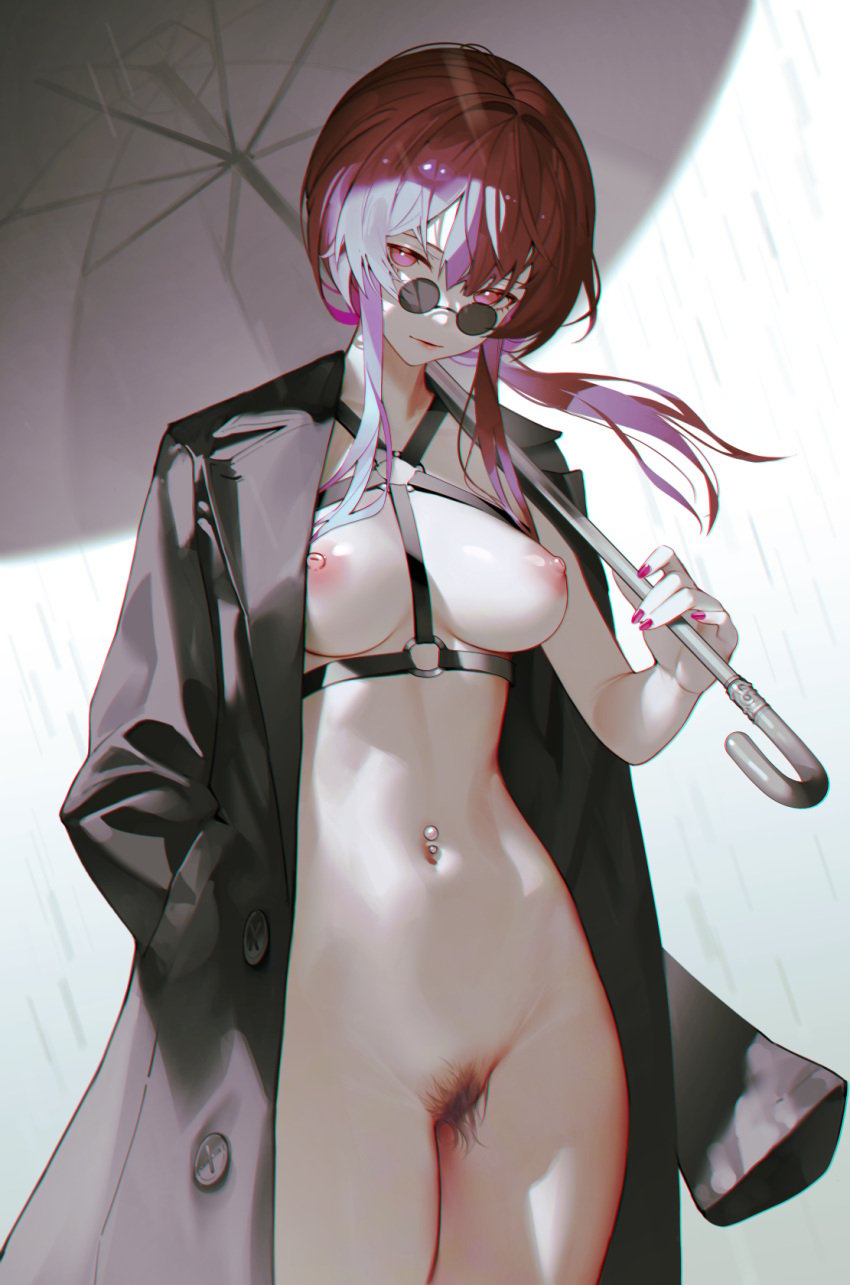 black_coat black_umbrella breasts chromatic_aberration coat commentary cowboy_shot english_commentary female female_pubic_hair hair_between_eyes hand_in_pocket highres holding holding_umbrella honkai:_star_rail honkai_(series) iumu kafka_(honkai:_star_rail) large_breasts looking_at_viewer looking_over_eyewear low_ponytail navel navel_piercing nipples no_pussy nude open_clothes open_coat paid_reward_available piercing pince-nez pubic_hair purple_eyes purple_hair solo standing stomach umbrella