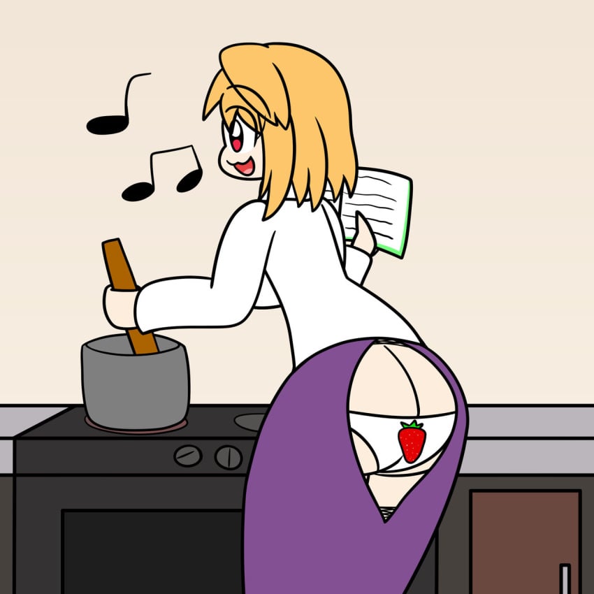 2021 arcueid_brunestud background big_ass blonde_hair cooking digital_drawing_(artwork) huge_ass huge_breasts humming musical_note pot red_eyes ripped_clothing ripped_skirt short_hair showing_panties smile sweater tsukihime vampire vampire_girl yoshister