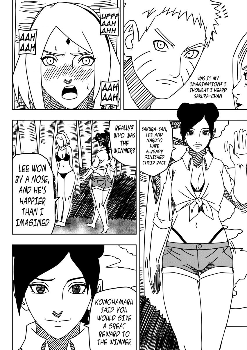 1boy 3girls after_fingering after_masturbation after_sex almost_caught barefoot beach behind_tree bikini blush braid breasts cleavage comic dialogue double_bun embarrassed english_text feet heavy_breathing hiding highleg highleg_bikini horny horny_female ino_yamanaka long_hair midriff monochrome multiple_girls naruto naruto:_the_last naruto_(series) naruto_shippuden ninrubio palm_tree ponytail revealing_swimsuit sakura_haruno seaside shirt short_hair shorts smile story sweat swimsuit tenten text tied_shirt translated tree uzumaki_naruto very_long_hair waving waving_hand