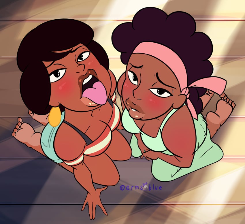 2girls ambiguous_pov blue-moonarms brown_hair cartoon_network clothed dark-skinned_female female female_only human jenny_pizza kiki_pizza looking_at_viewer looking_up multiple_girls pov pov_eye_contact sisters steven_universe submissive submissive_female suggestive_gesture suggestive_pose tongue tongue_out twins