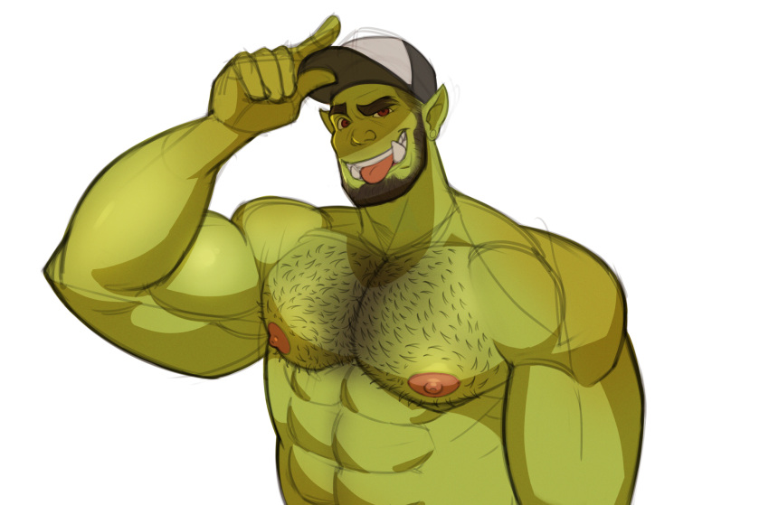 1boy abs bara beard biceps green-skinned_male green_body green_skin hairy_chest looking_at_viewer male male_nipples male_only muscular_male nipples nude orc orc_male pecs pointy_ears skayous solo solo_male teeth teeth_visible tusks