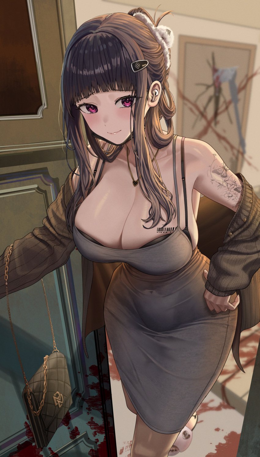 1girls 2d 2d_(artwork) 2d_artwork axe background barcode barcode_tattoo belly_button big_ass big_breasts big_butt black_hair blood blood_on_floor blood_on_weapon blood_splatter blood_stain blurry_background blush blushing blushing_at_viewer bra bra_cups_sticking_out bra_strap bra_visible_through_clothes breasts broken_door cardigan cleavage cleavage_overflow clothed clothed_female clothes clothing collarbone cracked_ground cracked_wall crime_scene d_(killer_wife)_(nikke) d_(nikke) damaged_floor damaged_wall dress earbuds exposed_shoulders female female_focus female_human female_only fully_clothed fully_clothed_female fupa goddess_of_victory:_nikke hair_clip hair_tied hand_on_door hand_on_hip handbag huge_breasts large_ass large_breasts large_butt leaving light-skinned_female light_skin long_hair looking_at_viewer mask naughty_face navel necklace no_nude opening_door overflowing_breasts pink_eyes red_eyes silvertsuki skindentation suspicious tattoo tattoo_on_arm tattoo_on_breast thick_thighs walking_towards_viewer wide_hips