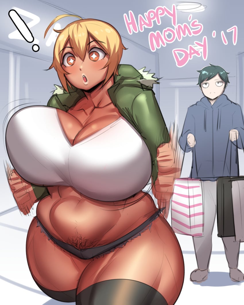 2017 abs ban_(natedecock) bbw big_breasts blonde_hair clothing gyaru holidays huge_breasts mother mother's_day mother_and_son muscles muscular muscular_female natedecock natsumi_(natedecock) pubic_hair public shopping short_hair sports_bra venus_body wide_hips