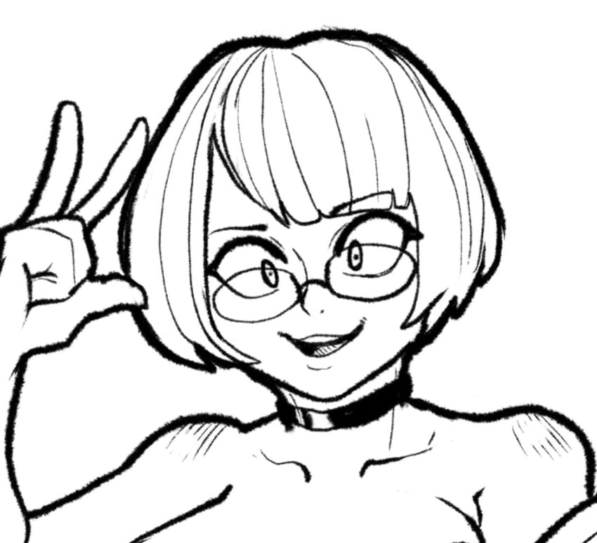 1girls bigfuckingfrog bob_cut breasts choker e3 female female_only glasses human ikumi_nakamura line_art monochrome oekaki original salute sketch smile solo topless v