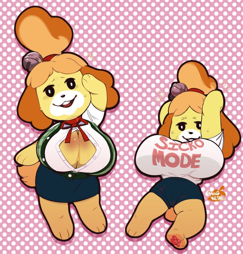 2018 animal_crossing anthro big_breasts booty_shorts breasts canid canine canis cleavage clothed clothing domestic_dog female hi_res huge_breasts isabelle_(animal_crossing) mammal mangneto nintendo shih_tzu shortstack solo sweat toy_dog video_games wardrobe_malfunction