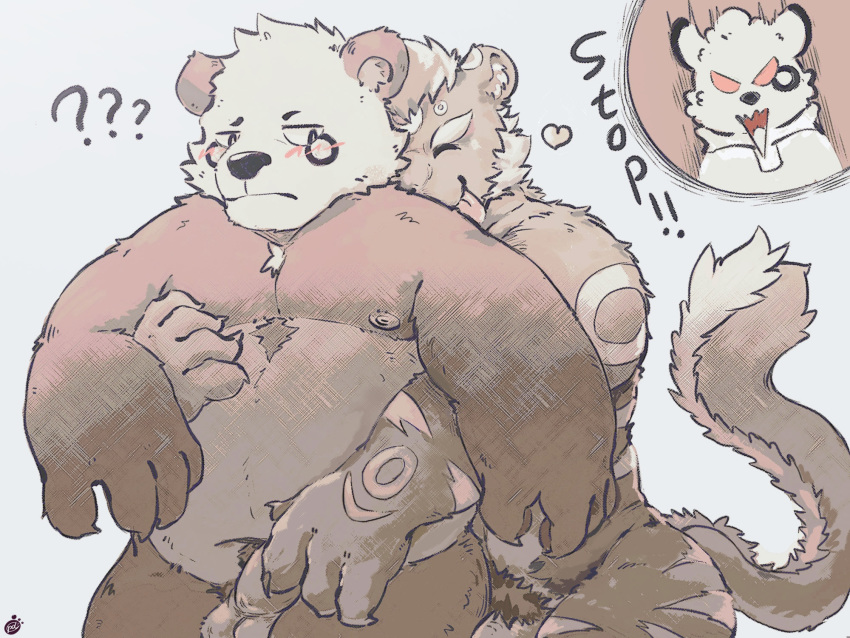 2019 4:3 angry anthro balls bearp_(artist) belly blush closed_eyes english_text erection felid giant_panda grope heart hi_res hug hugging_from_behind humanoid_hands humanoid_penis male mammal moobs nipples overweight overweight_male pantherine pd04140298 penis text tiger tongue tongue_out ursid yaoi