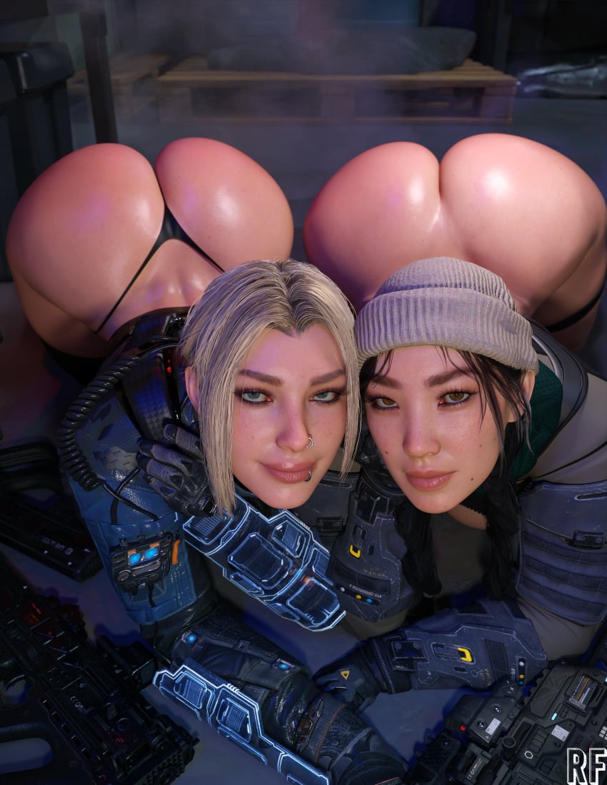 17:22 2girls 3d 3d_(artwork) asian ass ass_focus big_ass black_hair blonde_female blonde_hair blue_eyes bottomless braid braided_hair braided_twintails brown_eyes butt call_of_duty call_of_duty_black_ops_7 chloe_lynch dat_ass female female_only gun hat huge_ass karma_(cod) large_ass light-skinned_female light_skin lip_piercing long_hair looking_at_viewer mole multiple_girls nose_piercing piercing rude_frog smile twintails wei_lin_(cod)