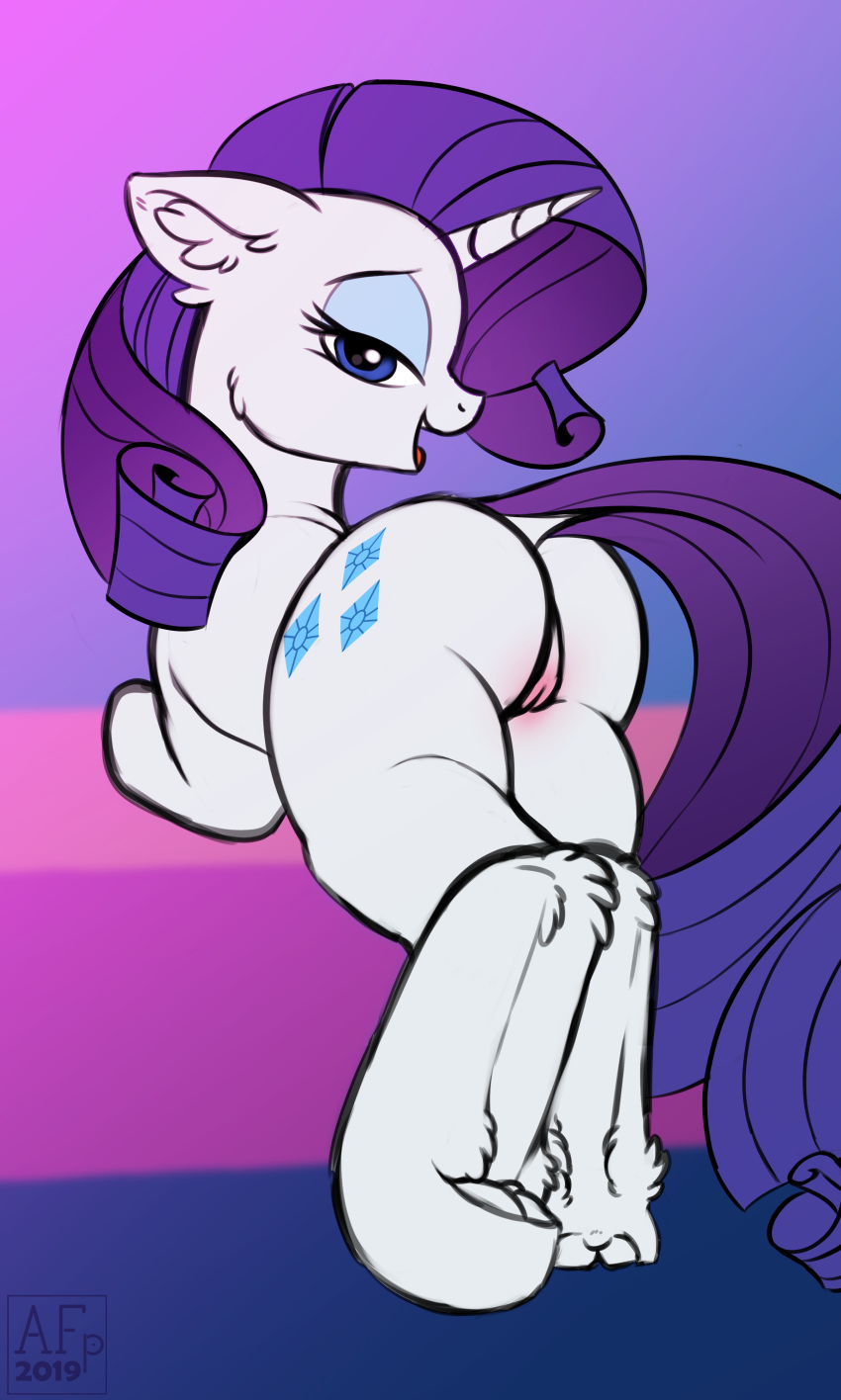 2019 absurd_res airfly-pony ass blue_eyes cutie_mark dock equid eyelashes eyeshadow female feral fetlocks friendship_is_magic half-closed_eyes hi_res hooves horn looking_at_viewer makeup mammal my_little_pony open_mouth purple_tail pussy rarity_(mlp) solo unicorn