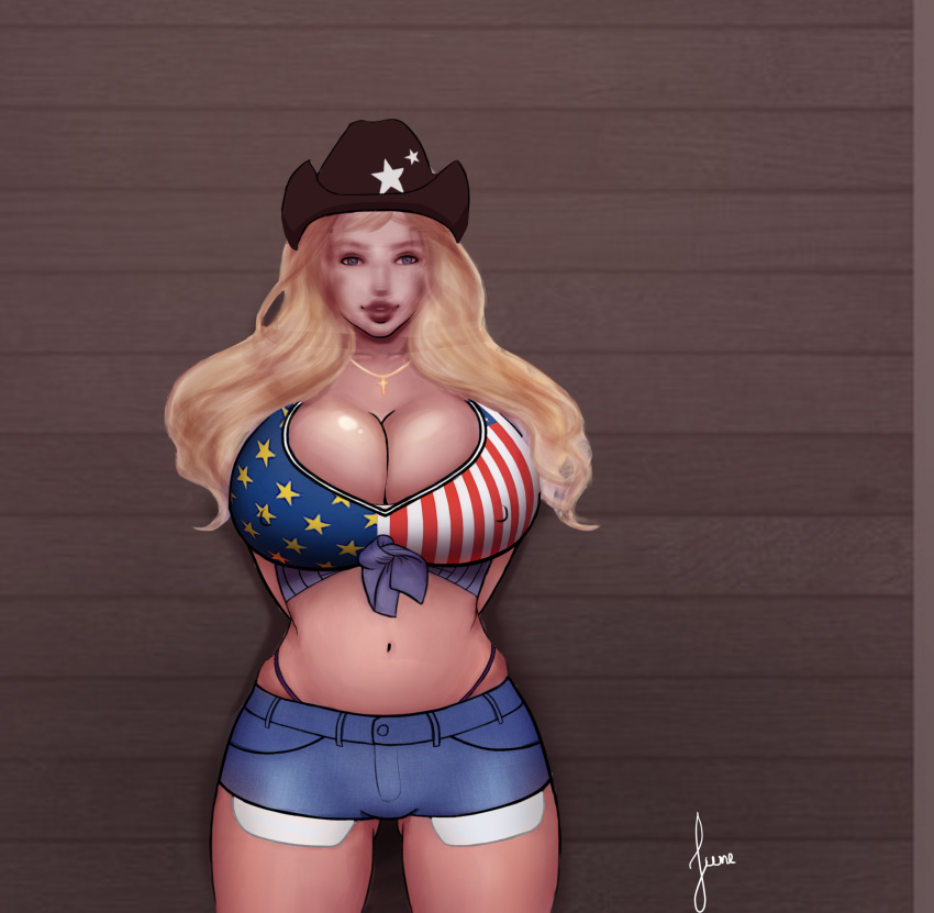 1girls big_breasts blonde_hair clothed cowboy_hat cowgirl female female_only human junepaintings large_breasts milk_junkies_2 rena_(milk_junkies) text thick_thighs watermark