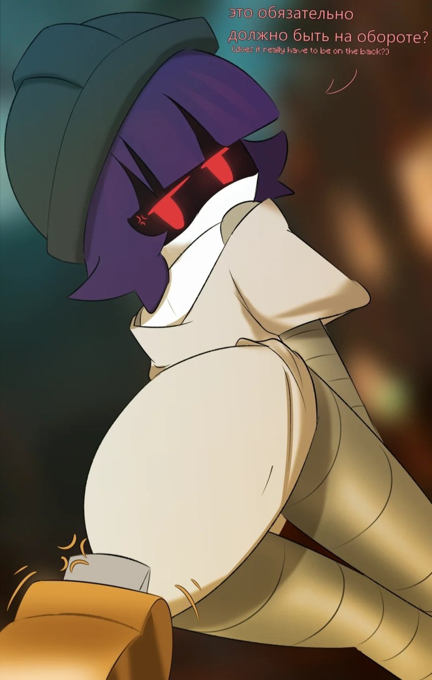 ass_focus blurry_background english_text female female_only glitch_productions jpeg lawgx murder_drones purple_hair robot_girl russian_text worker_drone yeva_(murder_drones)