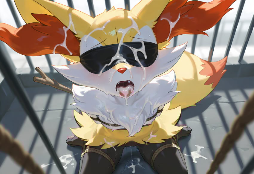 ai_generated anthro blindfold bondage braixen cum cum_in_face cum_in_mouth female fox metal-x nintendo pokemon punishment pussy_juice slave slavegirl solo