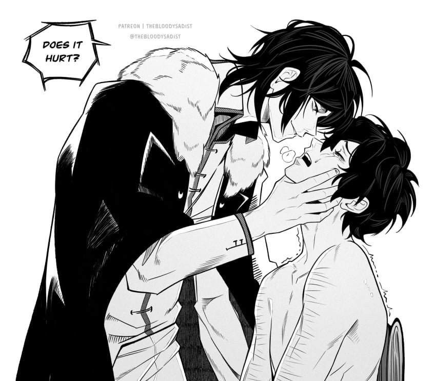 2boys blush breathing_heavily bungo_stray_dogs bungou_stray_dogs clothes_on cropped crying crying_with_eyes_closed cuts cuts_on_arms fyodor_dostoevsky hat_off holding_face male mlm moaning_in_pleasure naked naked_male osamu_dazai shaking shivering short_hair sitting_down staring_at_partner teasing teasing_partner thebloodysadist visible_cuts yaoi