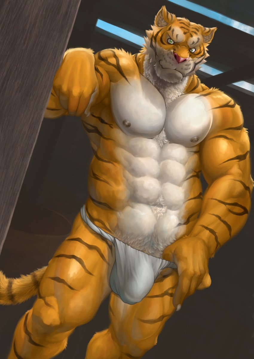 abs anthro bomb_(artist) bulge claws detailed felid fundoshi fur furry green_eyes highres indoors japanese_clothing kemono looking_at_viewer male male_only mammal muscular muscular_male navel nipples orange_fur pantherine pecs penis_outline pink_nose smile solo tiger underwear