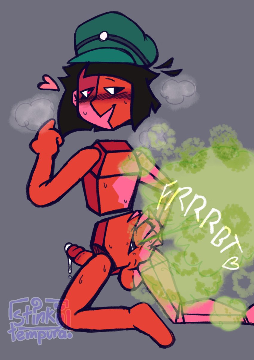 anus ass ass_focus ass_grab ass_spread asshole balls blush cum dream_bbq ena ena_(dream_bbq) ena_(series) fart fart_cloud fart_fetish farting farting_at_viewer female female_only futanari green_hat heart intersex joel_g penis pink_body red_body solo steam stinkslutbunny transfem two_tone_body watermark