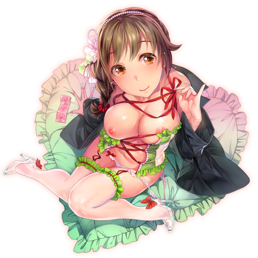 blush braid breasts brown_eyes brown_hair corset female glass_slipper hairband highres idolmaster idolmaster_cinderella_girls jacket large_breasts long_hair md5_mismatch nekomata_naomi nipples ribbon senkawa_chihiro single_braid smile solo thighhighs