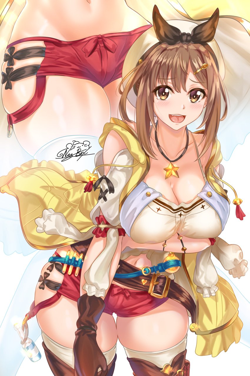 1girls absurdres ass atelier_(series) atelier_ryza back bent_over blush breast_hold breasts brown_eyes brown_hair cleavage clothed collar collarbone female female_only gloves hair_ornament hairclip hat highres huge_breasts large_ass large_breasts looking_at_viewer midriff navel nervous nez-box open_mouth pose red_shorts reisalin_stout ribbon short_hair short_shorts shorts solo sweat thick_thighs thigh_gap thighhighs thighs tongue white_headwear white_legwear wide_hips