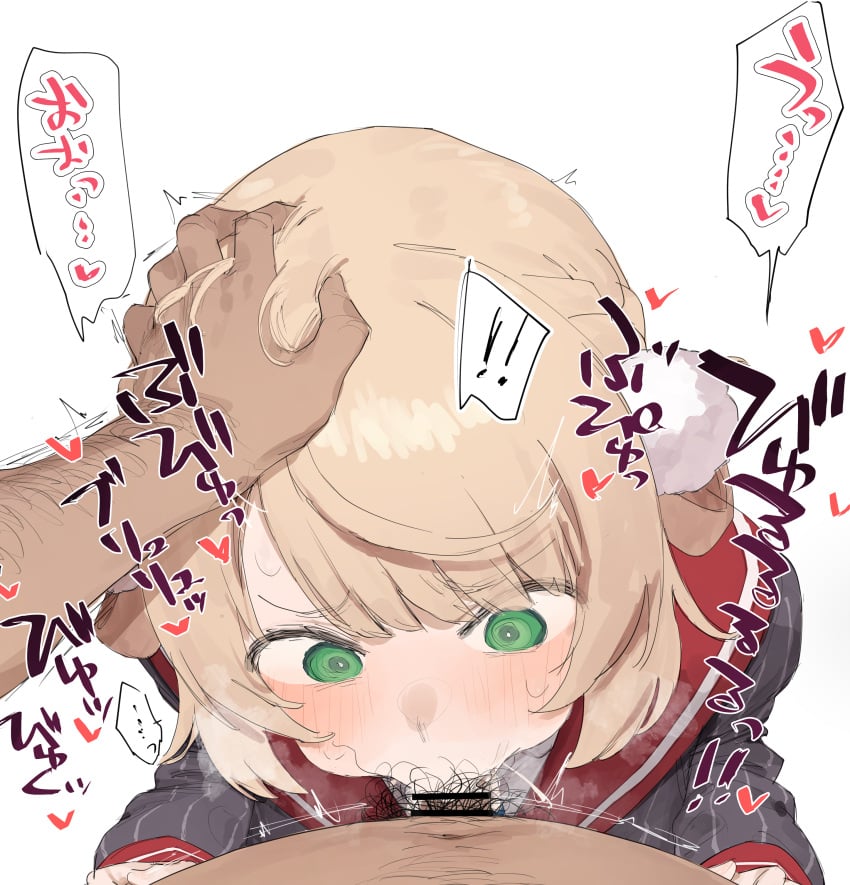 ! !! 1boy absurdres bar_censor blonde_hair blush censored fellatio female green_eyes hand_on_another&#039;s_head heart highres indie_virtual_youtuber male male_pubic_hair motion_lines nagashi_mangan oral penis pom_pom_(clothes) pov pubic_hair red_sailor_collar sailor_collar shigure_ui_(vtuber) shigure_ui_(vtuber)_(1st_costume) small_penis small_penis_adoration solo_focus sound_effects speech_bubble spoken_heart steam virtual_youtuber white_background
