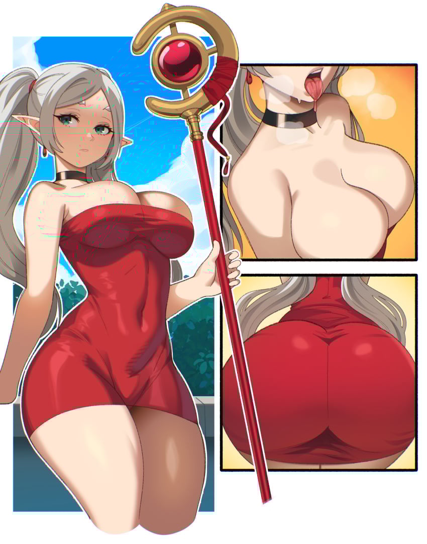 beautiful_eyes choker dress elf elf_ears female female_only frieren frieren_beyond_journey&#039;s_end huge_ass huge_breasts postblue98 red_dress short_dress sousou_no_frieren staff thick_thighs tight_clothing tongue tongue_out tube_dress twintails white