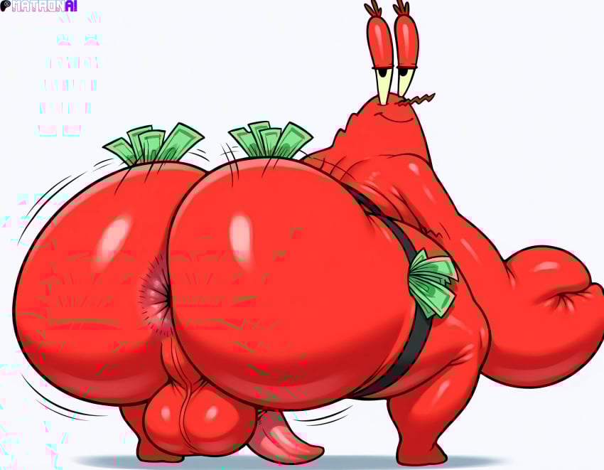 1boy 2025 ai_generated anus ass ass_focus asshole balls big_ass big_butt cartoon crab dilf fat fat_ass half_closed_eyes huge_ass huge_butt male matronai_(artist) mature mature_male money mr_krabs naked naked_male nickelodeon nude nude_male obese penis red_body red_skin shiny_skin spongebob_squarepants tapering_penis twerking