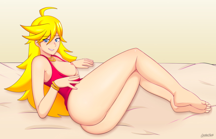 1girls ahoge areolae ass barefoot bed big_ass blonde_hair blue_eyes breasts clothing exposed_breasts feet female female_only hair hair_between_eyes highres lackatask long_hair nipples panty_&_stocking_with_garterbelt panty_anarchy shirt sideboob smile soles spiky_hair thighs toes