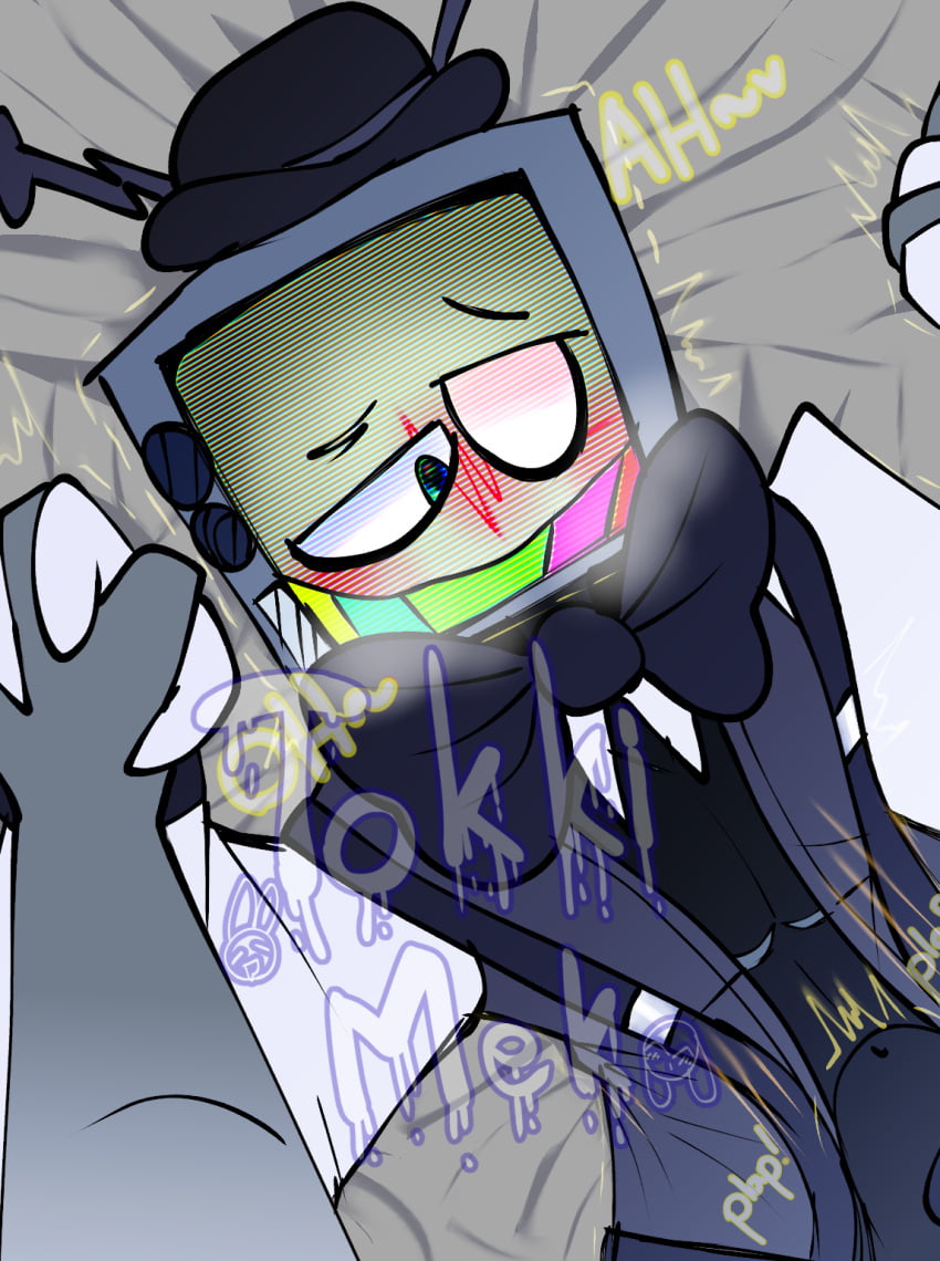 anonymous_male bed_sheet blush bowtie breath_cloud chest_scar clenched_hands cuntboy cuntboy/male grey_skin implied_sex intersex lying_on_bed mastectomy_scar mostly_clothed mr._puzzles sex smg4 stomach_bulge tagme tokki_meki transgender transgender_male tremble_lines tremble_spikes trembling tv_head tv_screen unbuckled_belt unbuttoned_shirt