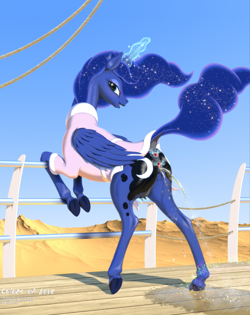 absurd_res alicorn animal_genitalia animal_pussy anus ass caelacanthe clothed clothed_feral clothing cutie_mark equid equine_pussy eyelashes feathered_wings feathers female feral friendship_is_magic hi_res hooves horn looking_at_viewer mammal my_little_pony open_mouth outside peeing princess_luna_(mlp) pussy solo teats underhoof urine vein wings