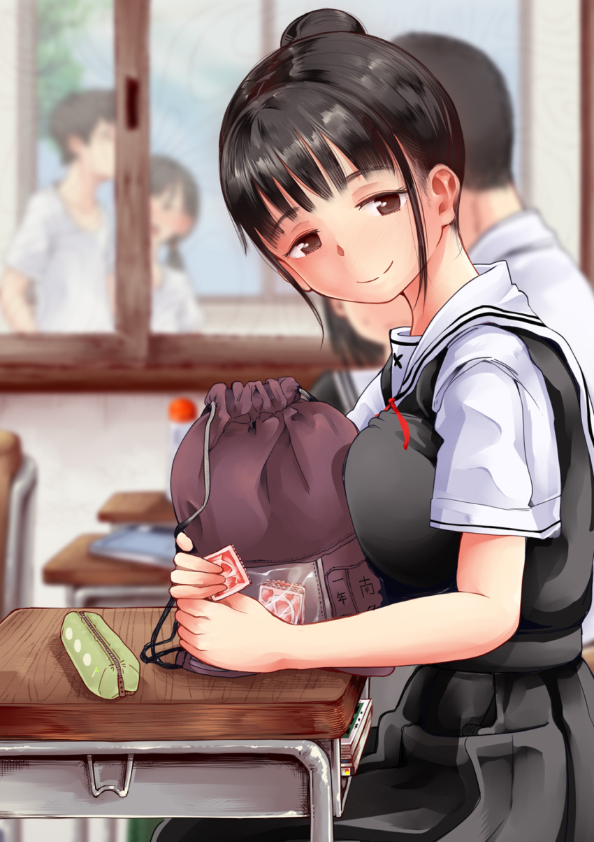 bag black_hair brown_eyes condom condom_wrapper large_breasts looking_at_viewer original roku-jou school_desk school_uniform sitting smiling window
