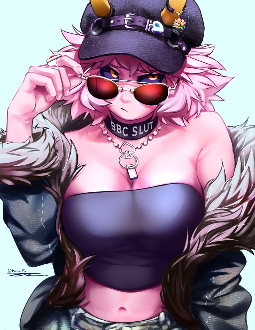 aviators bbc_slut black_eyes choker crop_top edit female fur_coat hat holic_fz horns looking_over_eyewear looking_over_sunglasses mina_ashido my_hero_academia necklace pink_hair pink_skin ring spade sunglasses tinted_eyewear