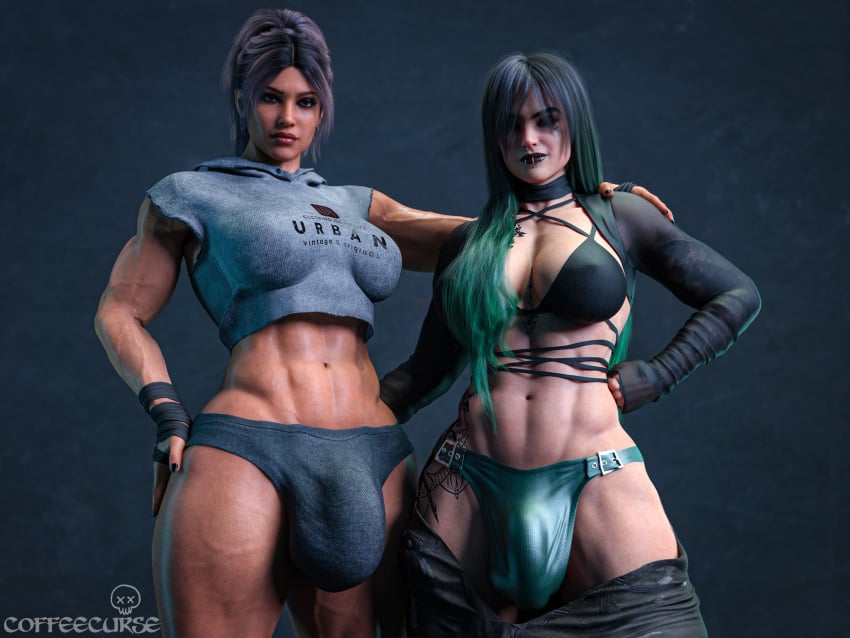 2futas 3d abs black_hair black_lipstick briefs brown_hair bulge bulge_through_clothing coffeecurse futa_only futanari green_hair intersex lip_piercing muscular muscular_futa muscular_futanari two_tone_hair underwear veiny_muscles