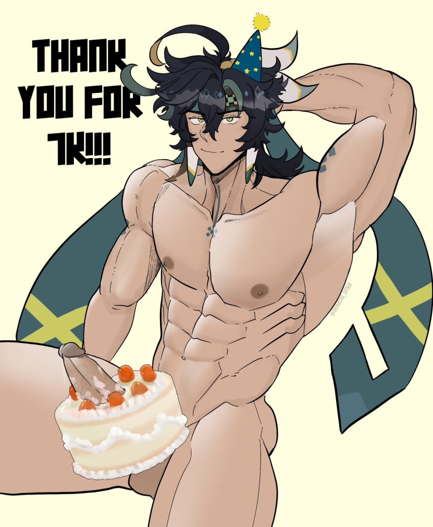 1boy abs armpits balls birthday_cake birthday_hat black_hair cake dirty_penis earrings food gay genshin_impact green_eyes hand_on_head headband hot hoyoverse kinich_(genshin_impact) male mihoyo muscles muscular muscular_male nipples penis_in_food penis_through_hole plain_background sekima_smut smile smug tattoo tattoos veins veiny_penis