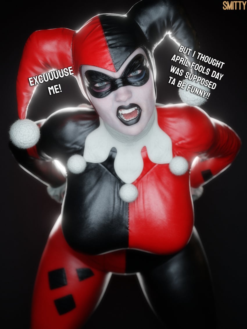 3d angry annoyed april_fools batman:_arkham_knight batman_(series) big_breasts blender breasts dc dc_comics fully_clothed harley_quinn harley_quinn_(classic) injustice_2 jester large_breasts mature_female smitty34 solo solo_female thick_thighs wide_hips