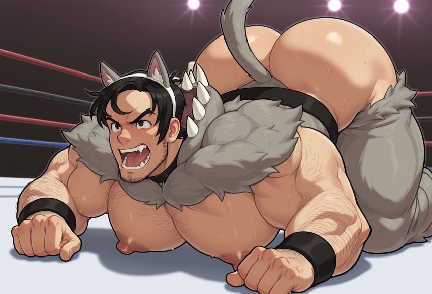 1boy ai_generated ass ass_up bara beard_stubble beowulf_(skullgirls) big_ass big_ass_(male) big_butt big_butt_(male) big_pecs big_pectorals body_hair gay gay_male large_pecs large_pectorals male male_focus male_only muscular muscular_male nipples osupp-ai skullgirls solo solo_male thick_thighs wolf_ears wolf_tail wrestling_ring