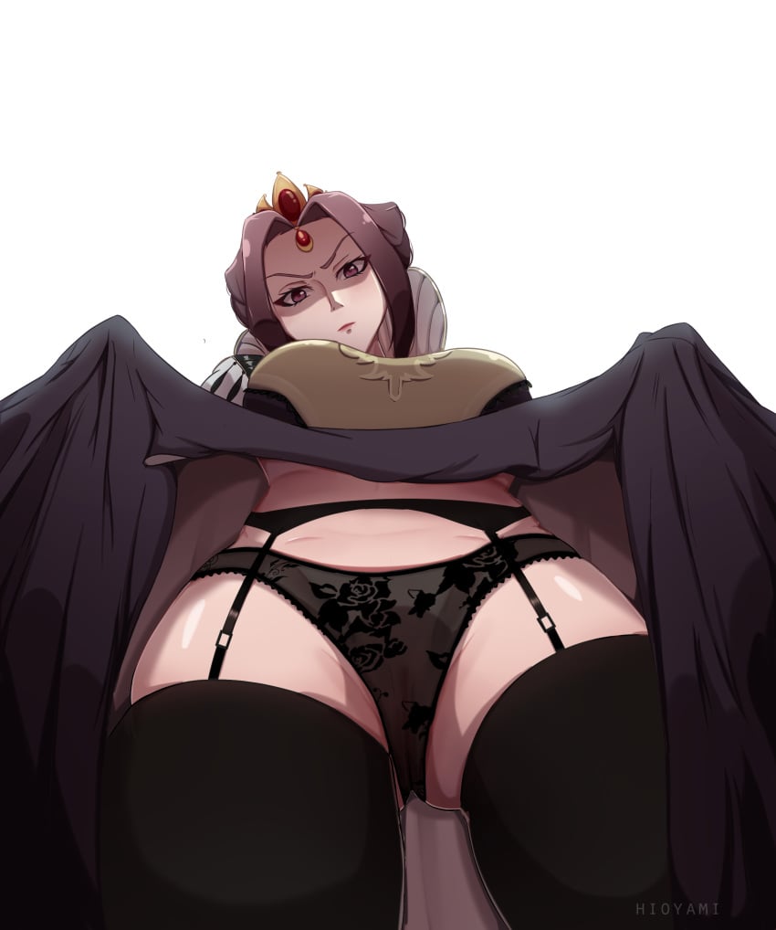 clothed disgusted dominant_female female_only from_below garter_belt garter_straps hioyami lingerie looking_down milf mirelia_q_melromarc panties pussy queen shaded_face skirt_lift standing_over_viewer tate_no_yuusha_no_nariagari thick_thighs thighhighs