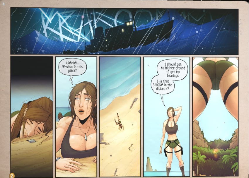 1girls ass ass_hanging_out_of_shorts beach beasts_in_the_sun breasts comic devil_hs female gun_holster island lara_croft lara_croft_(survivor) large_ass large_breasts laying_on_stomach midriff midriff_showing muscular muscular_female sand shorts tagme tank_top temple tomb_raider viewed_from_below voluptuous voluptuous_female