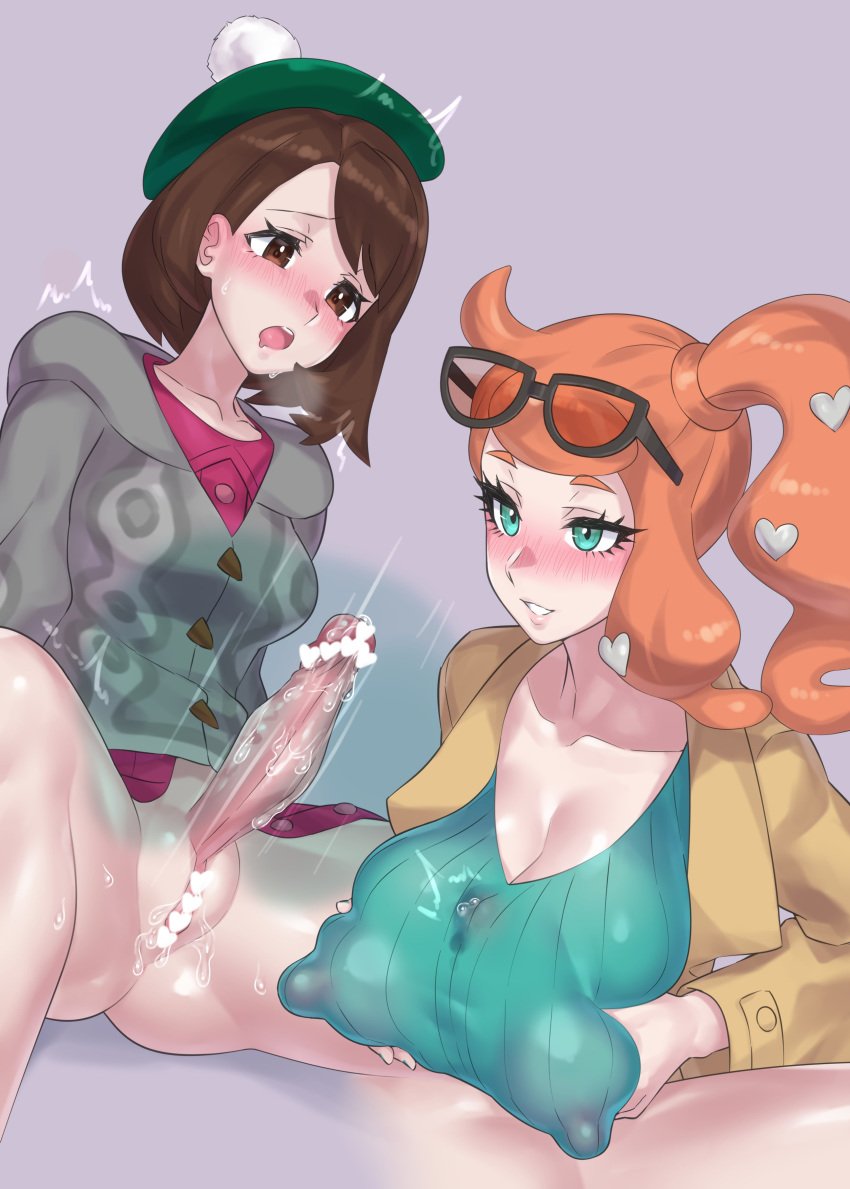 1futa 1girls age_difference alternate_breast_size areolae big_breasts big_penis blue_eyes blush bottomless breasts brown_eyes brown_hair censored cleavage clothed coat dickgirl erection evuoaniramu eyewear_on_head female futa_sans_balls futanari gloria_(pokemon) hat huge_breasts human human_only intersex large_breasts light-skinned_female light-skinned_futanari mizuumi_(bb) naughty_face nipples older_female orange_hair paizuri penis pokemon pokemon_ss precum pussy seductive seductive_smile shirt smile sonia_(pokemon) straight sunglasses_on_head trembling wet younger_futanari