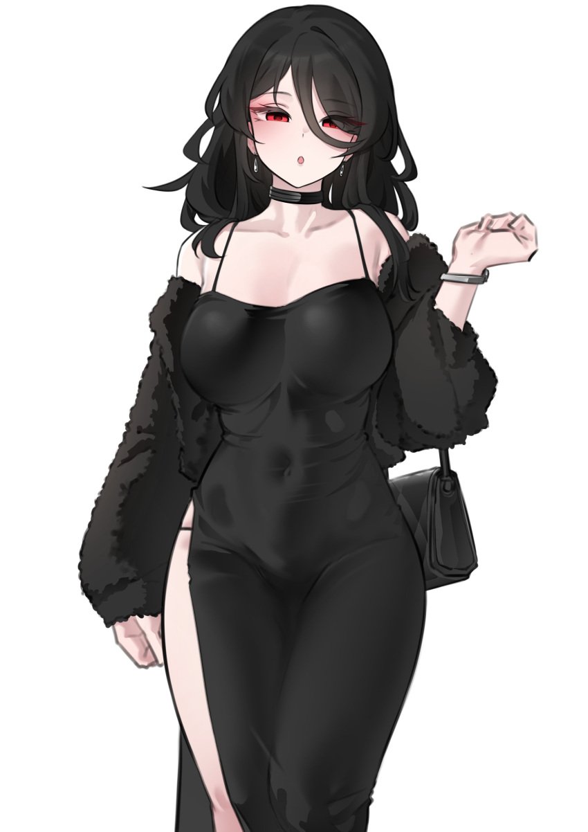 bandit-chan_(k0ng) black_dress black_hair blush choker dress earrings exposed_legs female jacket k0ng looking_at_viewer medium_breasts pale-skinned_female pale_skin purse red_eyes tight_dress watch