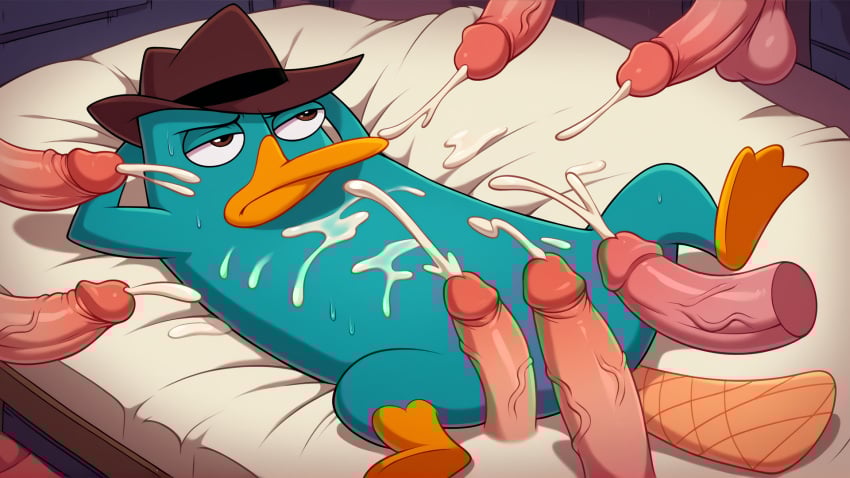 after_sex ai_generated anthro bukkake cum cum_everywhere gay laying_on_bed male perry_the_platypus phineas_and_ferb teal_fur