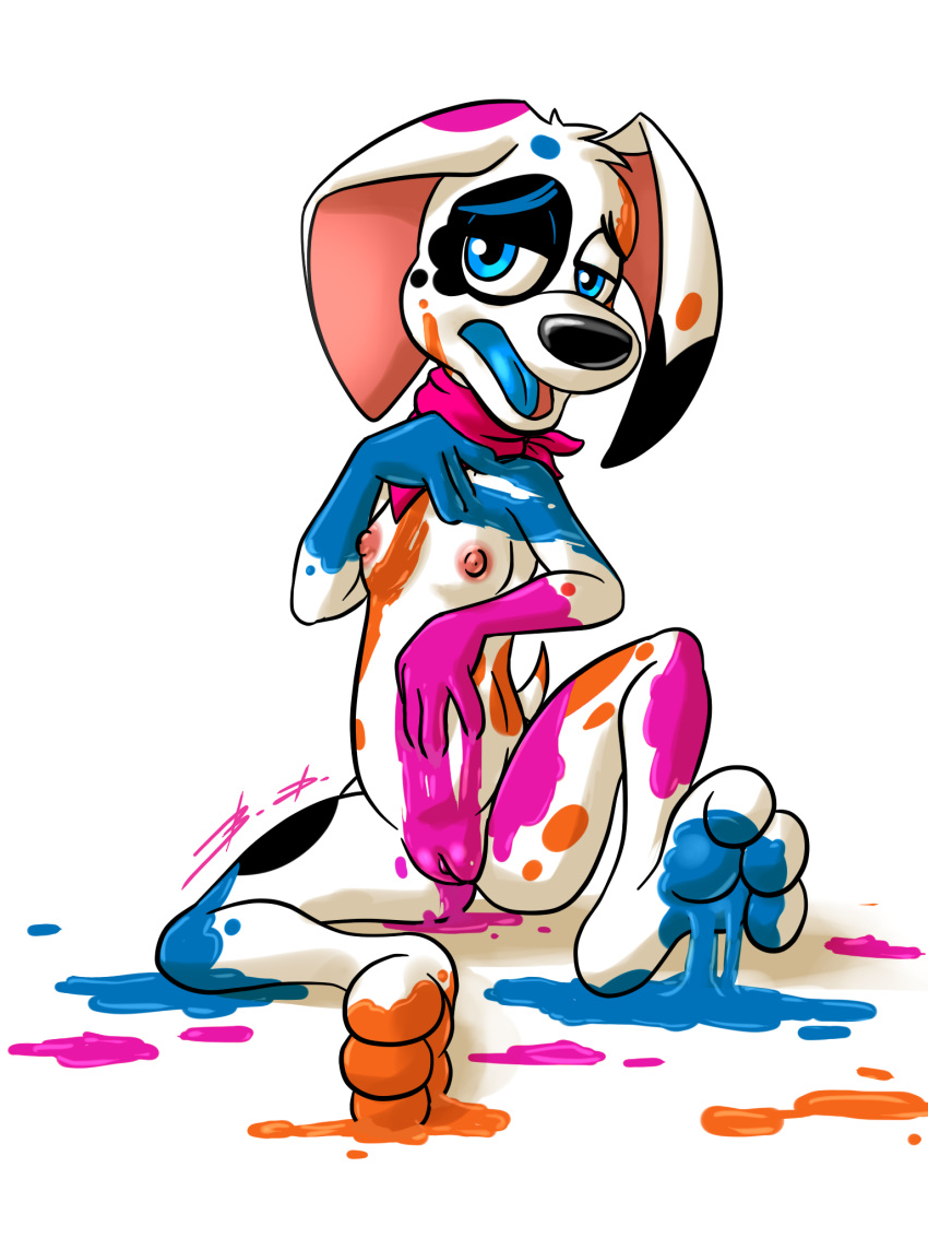 101_dalmatian_street 101_dalmatians 2019 anthro bassybird breasts canid canine canis cub da_vinci_(101_dalmatians) dalmatian disney domestic_dog female female_cub flat_chest flat_chested furry hi_res mammal nipples nude paint pussy small_breasts solo young young_anthro young_female young_woman