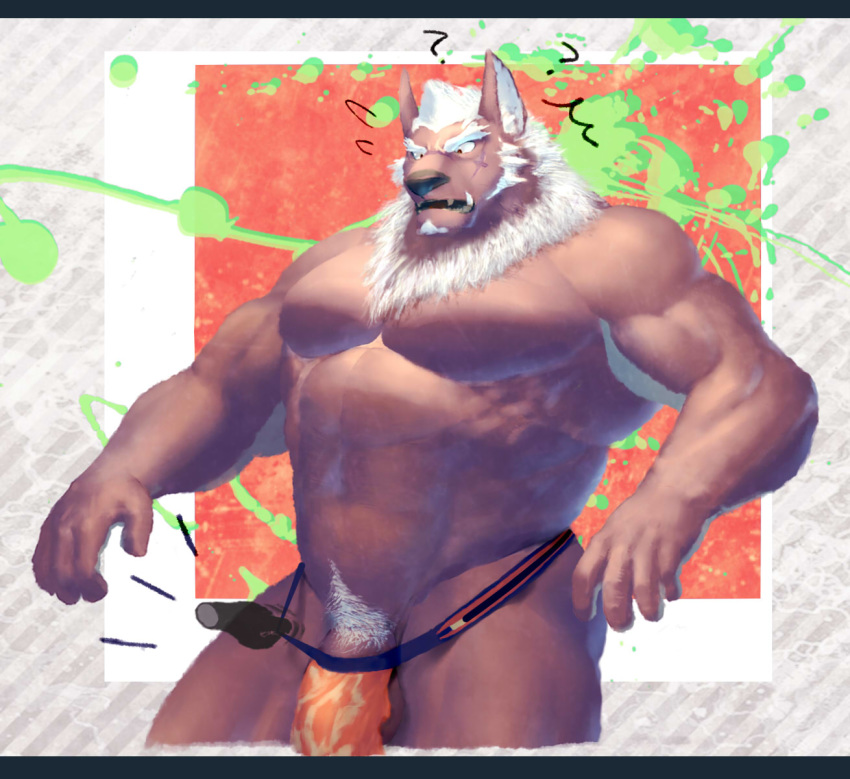 abs anthro balls biceps canid canine canis demon fur hair hi_res male male_only mammal marchosias_(tokyo_afterschool_summoners) muscular muscular_male no-zp pecs penis scar tan_fur tokyo_afterschool_summoners video_games white_hair wolf