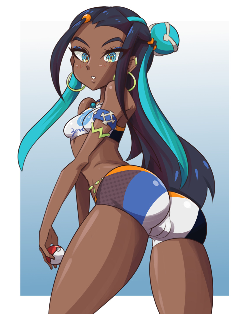 1girls big_ass black_hair blue_eyes blue_hair breasts cameltoe clothed dark-skinned_female dark_skin female female_only gym_leader human konaloid long_hair looking_back nessa_(pokemon) nintendo poke_ball pokemon pokemon_ss small_breasts solo thick_thighs thigh_gap wide_hips