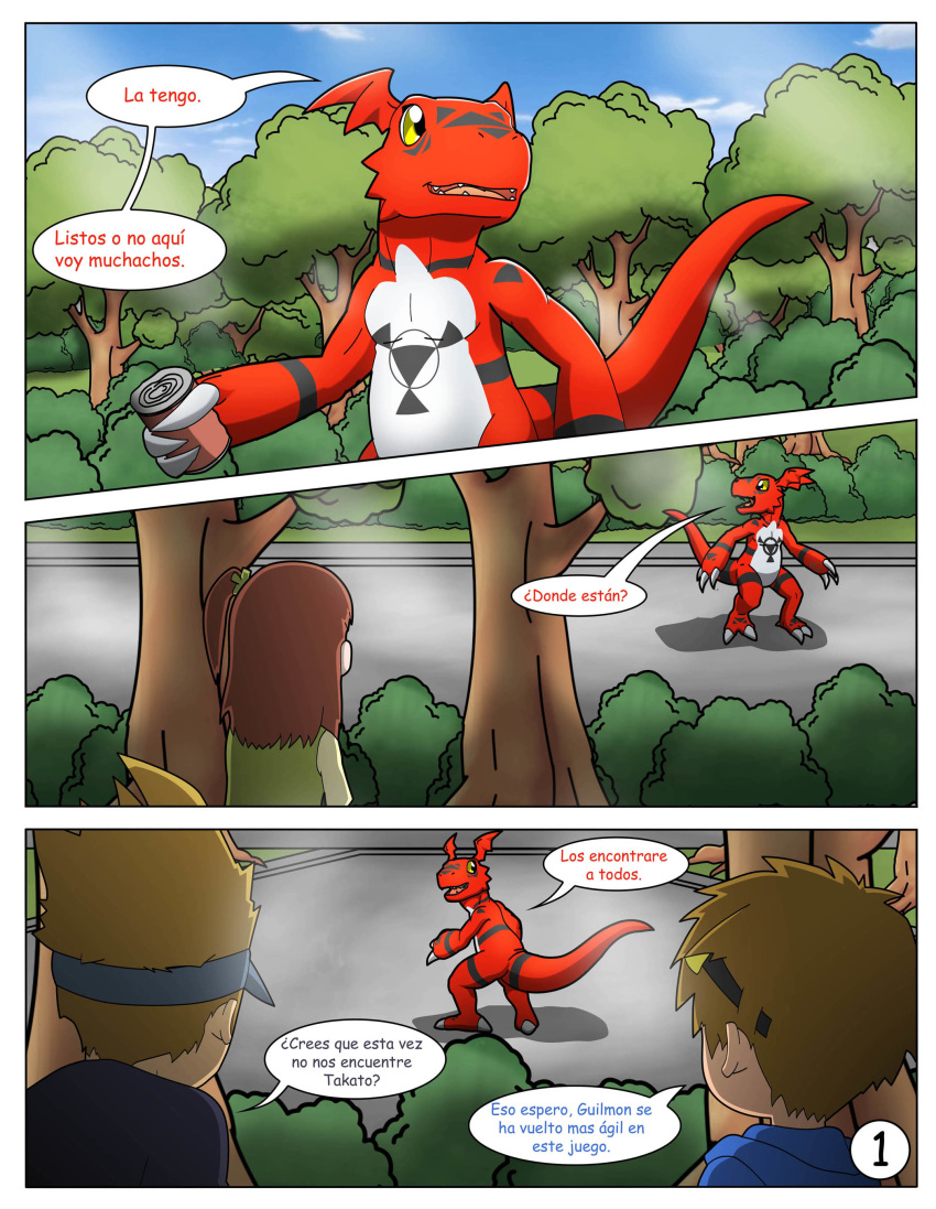 anthro comic digimon digimon_(species) digimon_tamers guilmon hector21314 human juri_katou kazu_shioda page_1 red reptile speech_bubble takato_matsuki text